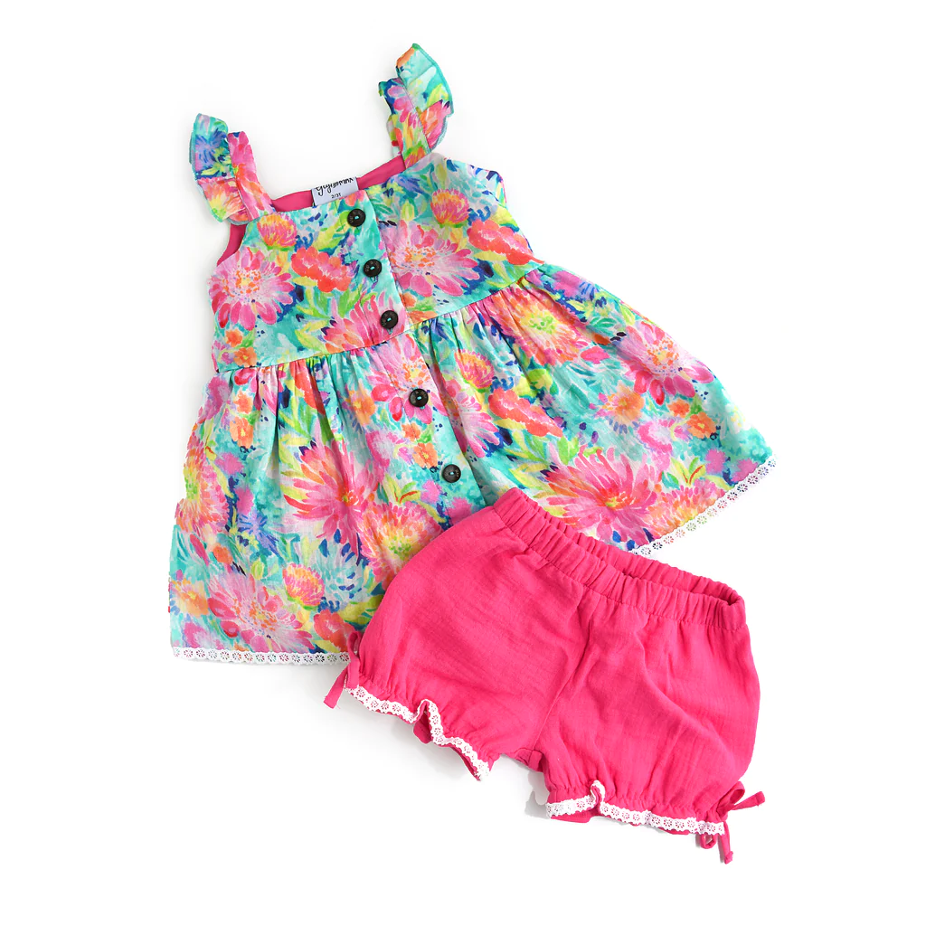 (Custom Design Preorder MOQ 5) Colorful Flowers Tunic Top Ruffle Shorts Girls Summer Clothes Set