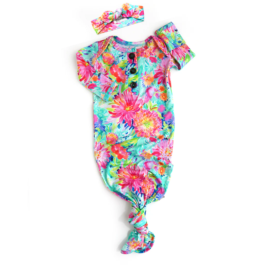 (Custom Design MOQ 5) Colorful Flowers Print Baby Girls Gown Newborn Clothes