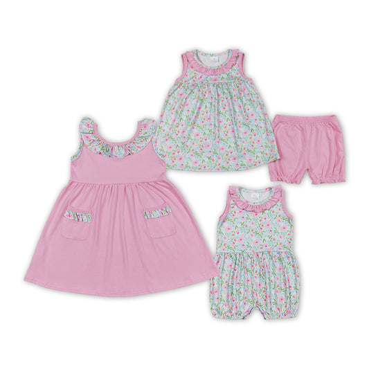 Pink Flowers Print Sisters Summer Matching Clothes