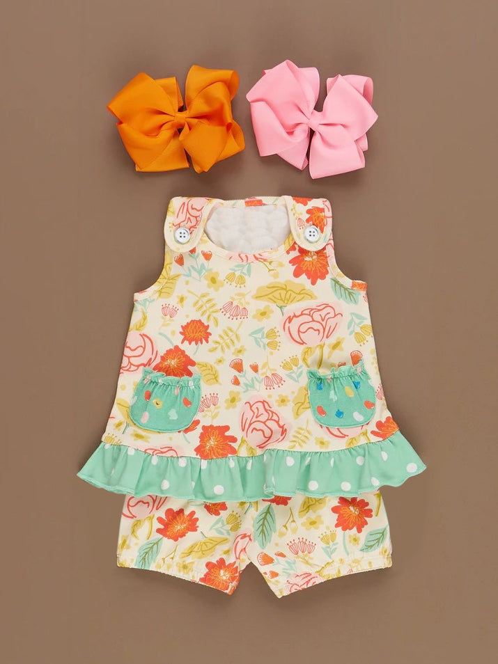 (Custom Design Preorder MOQ 5) Flowers Pockets Buttons Top Shorts Girls Summer Clothes Set