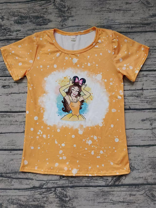 (Custom Design Preorder MOQ 5)  Cartoon Princess Mustard Print Girls Summer Tee Shirts Top