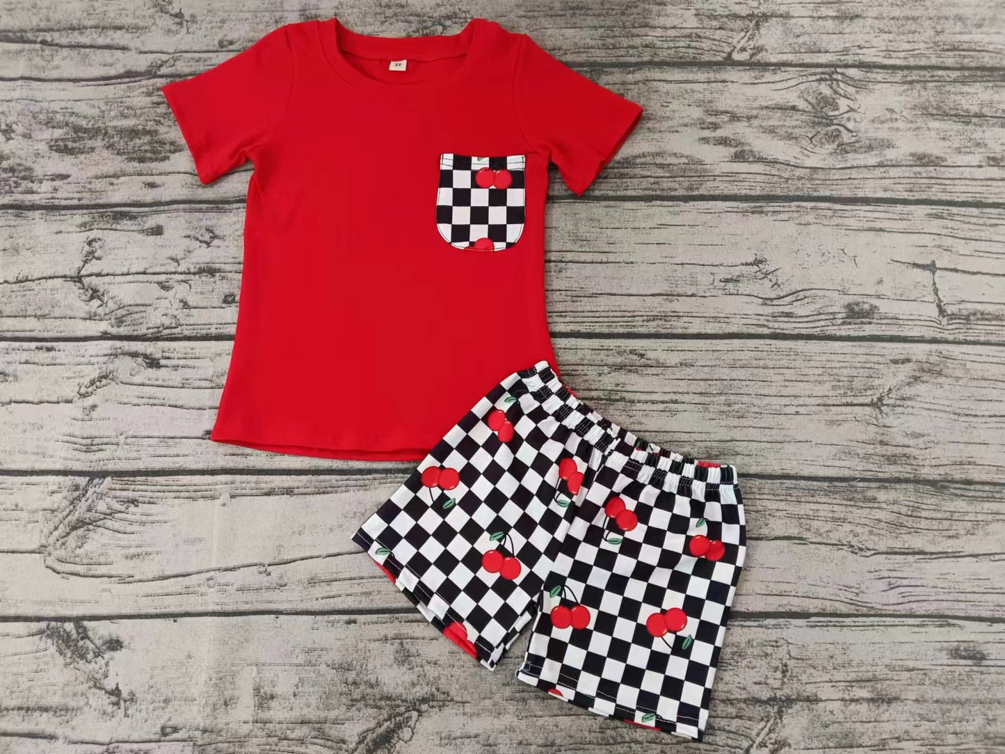 (Custom Design Preorder MOQ 5) Red Pockets Top Cherry Black Plaid Shorts Boys Summer Clothes Sets