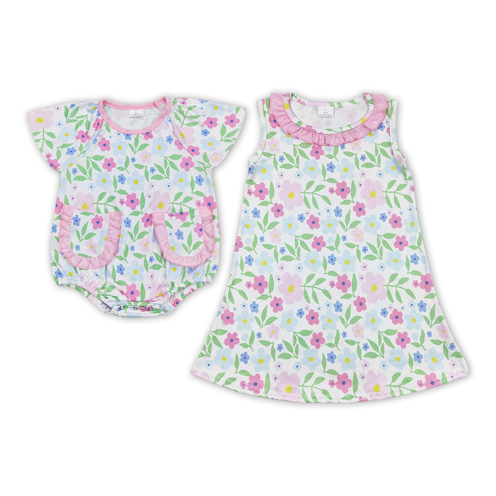 Pink Flowers Print Sisters Summer Matching Clothes