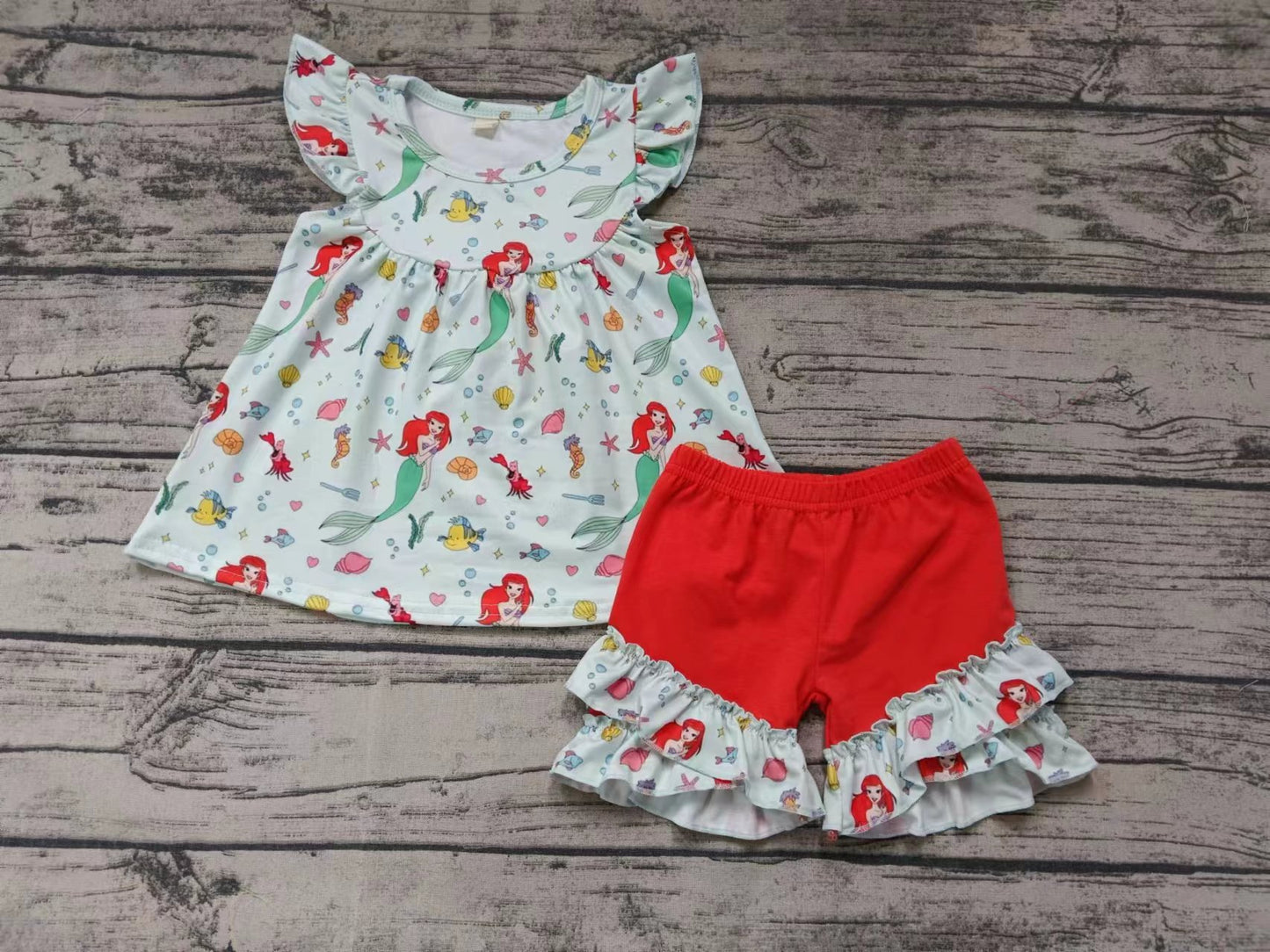 (Custom Design Preorder MOQ 5)  Mermaid Print Girls Summer Clothes Set