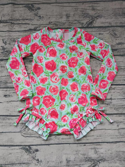 (Custom Design Preorder MOQ 5)  Rose Print Girls 1 Piece Long Sleeve Swimsuits
