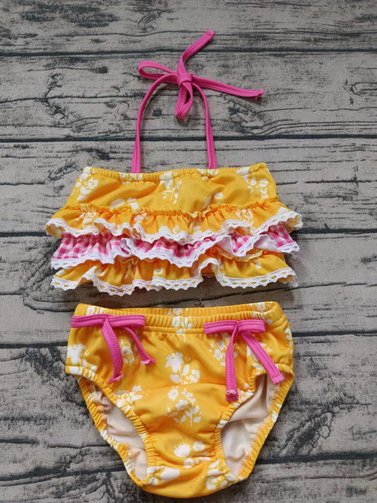 (Custom Design Preorder MOQ 5)  Yellow Flowers Print Girls 2 Pieces Swimsuits