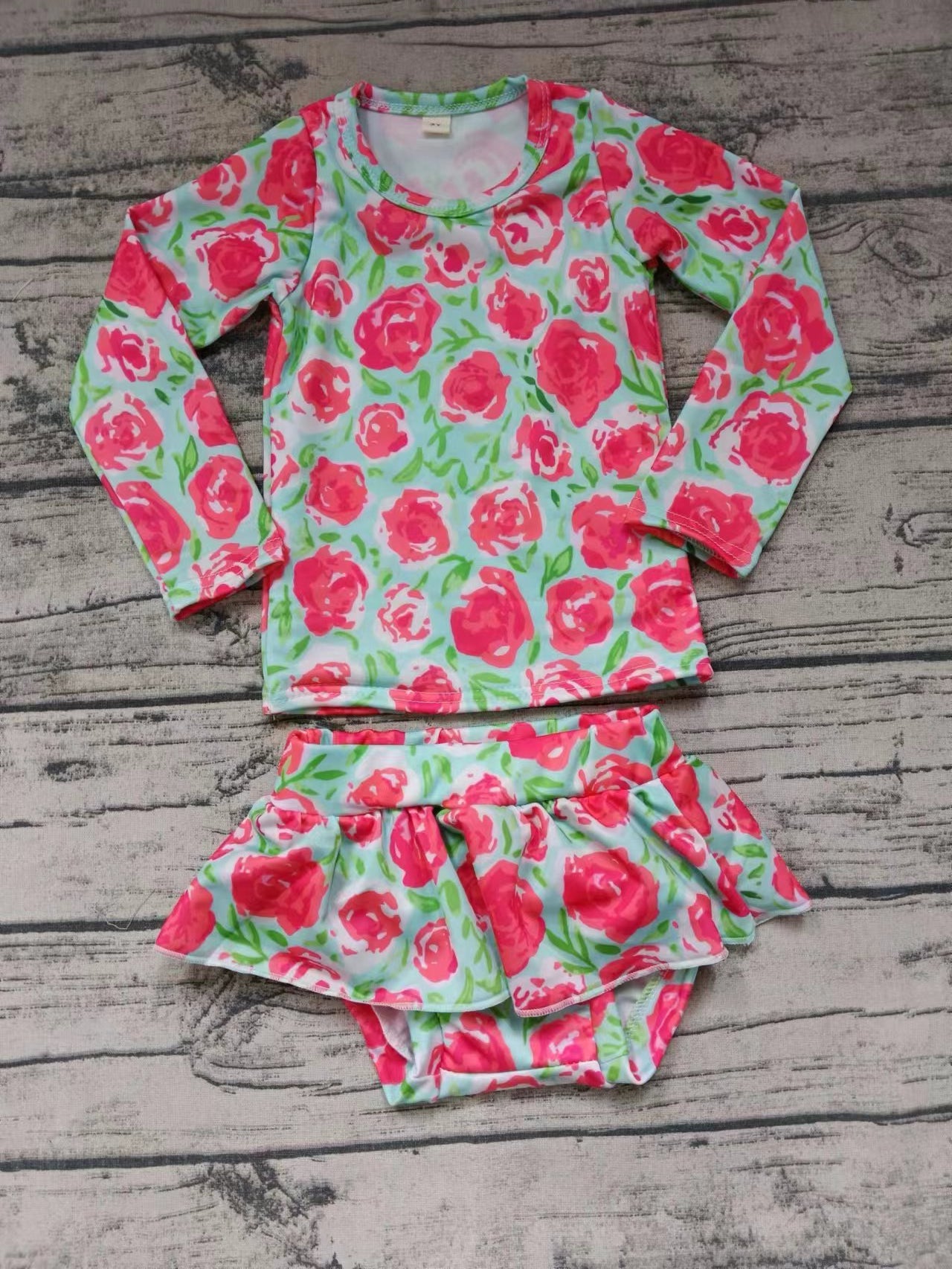 (Custom Design Preorder MOQ 5)  Rose Print Girls 2 Pieces Long Sleeve Swimsuits