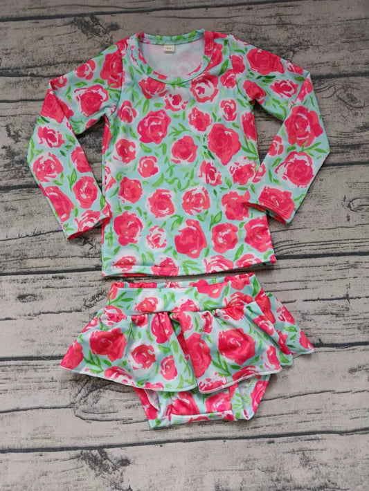 (Custom Design Preorder MOQ 5)  Rose Print Girls 2 Pieces Long Sleeve Swimsuits