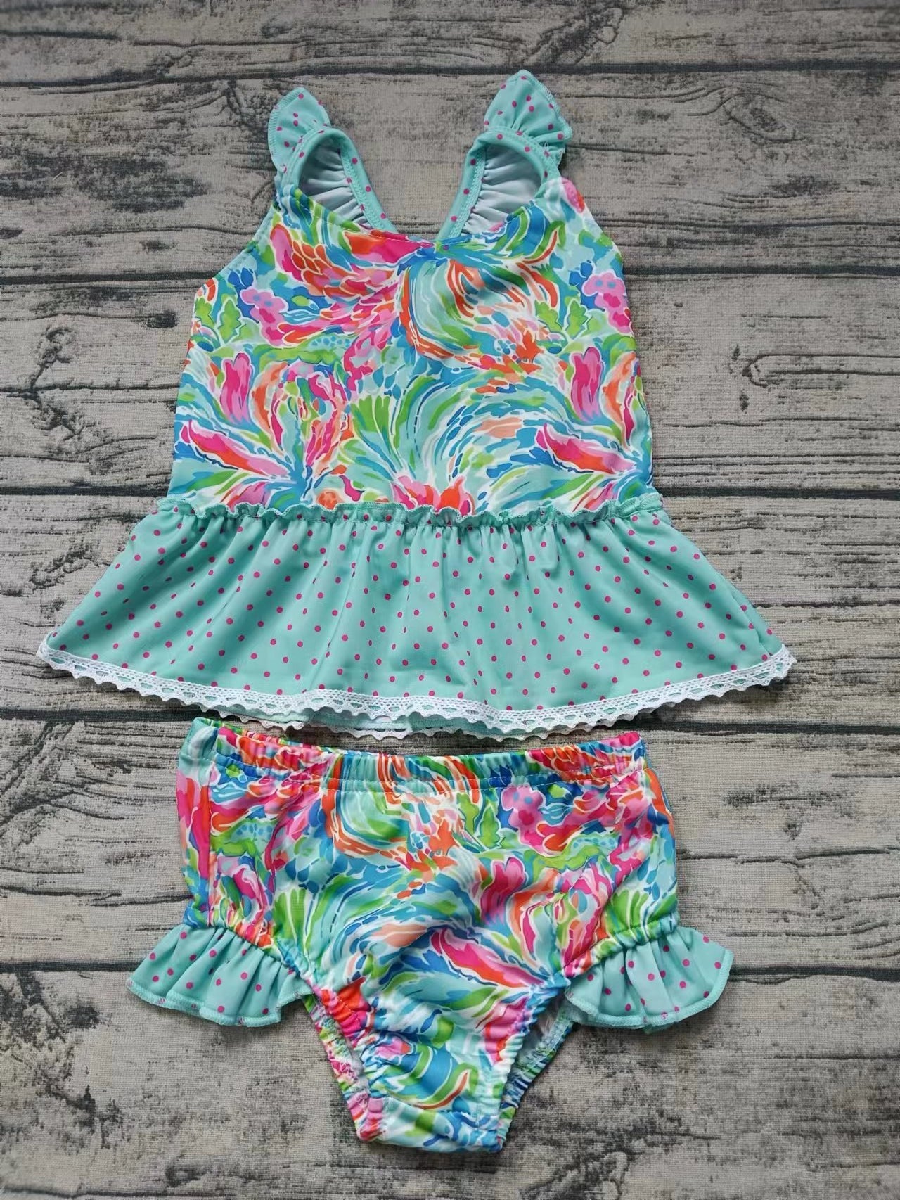 (Custom Design Preorder MOQ 5)  Colorful Flowers Plaid Print Girls 2 Pieces Swimsuits