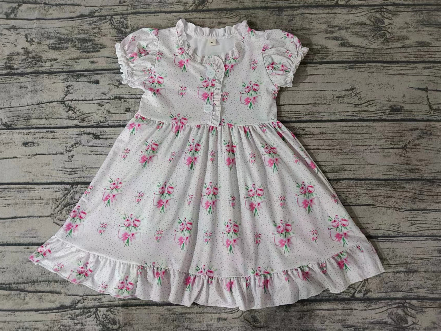 (Custom Design Preorder MOQ 5) Pink Flowers Bows Print Girls Knee Length Summer Dress
