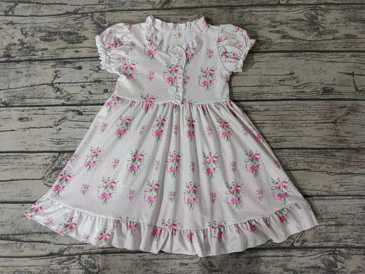 (Custom Design Preorder MOQ 5) Pink Flowers Bows Print Girls Knee Length Summer Dress