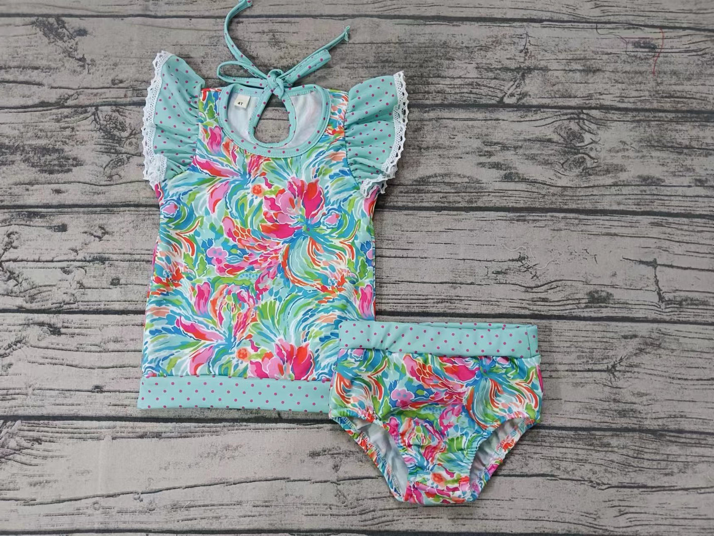 (Custom Design Preorder MOQ 5)  Colorful Flowers Print Girls 2 Pieces Swimsuits