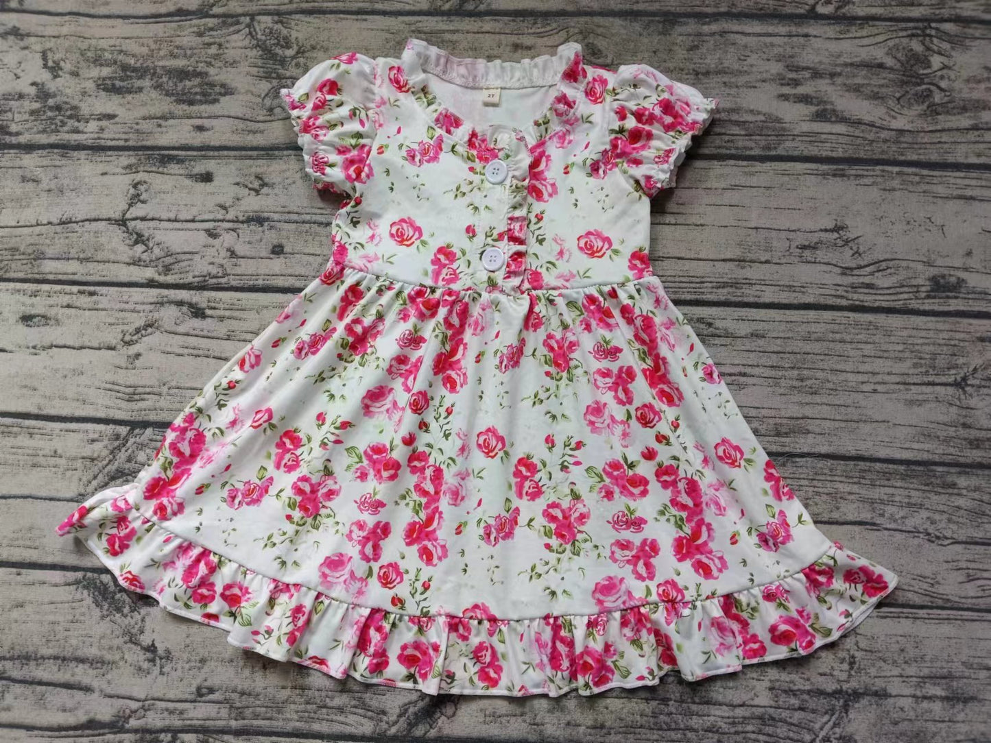 (Custom Design Preorder MOQ 5) Pink Flowers Print Girls Knee Length Summer Dress