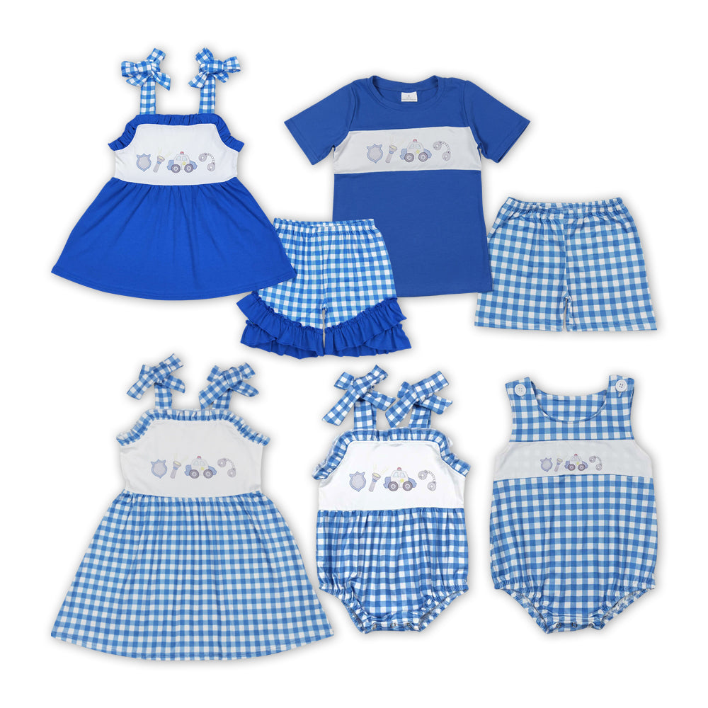 Blue Police Plaid Print Sibling Summer Matching Clothes