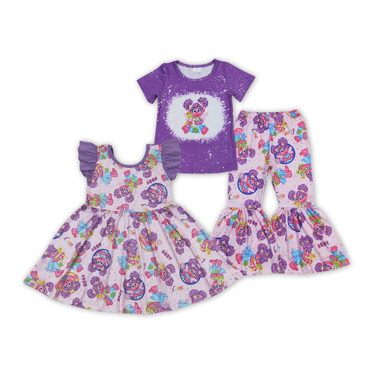 Purple Cartoon Street Teacher Print Sisters Matching Clothes