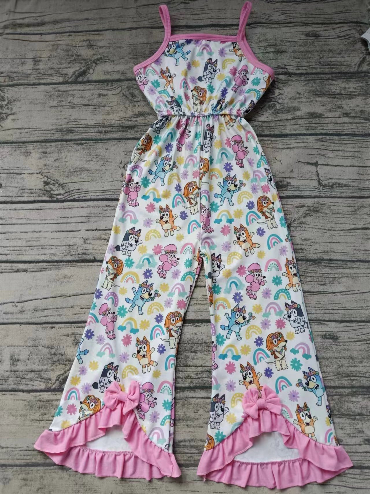 (Custom Design Preorder MOQ 5) Cartoon Dog Rainbow Print Girls Summer Jumpsuits