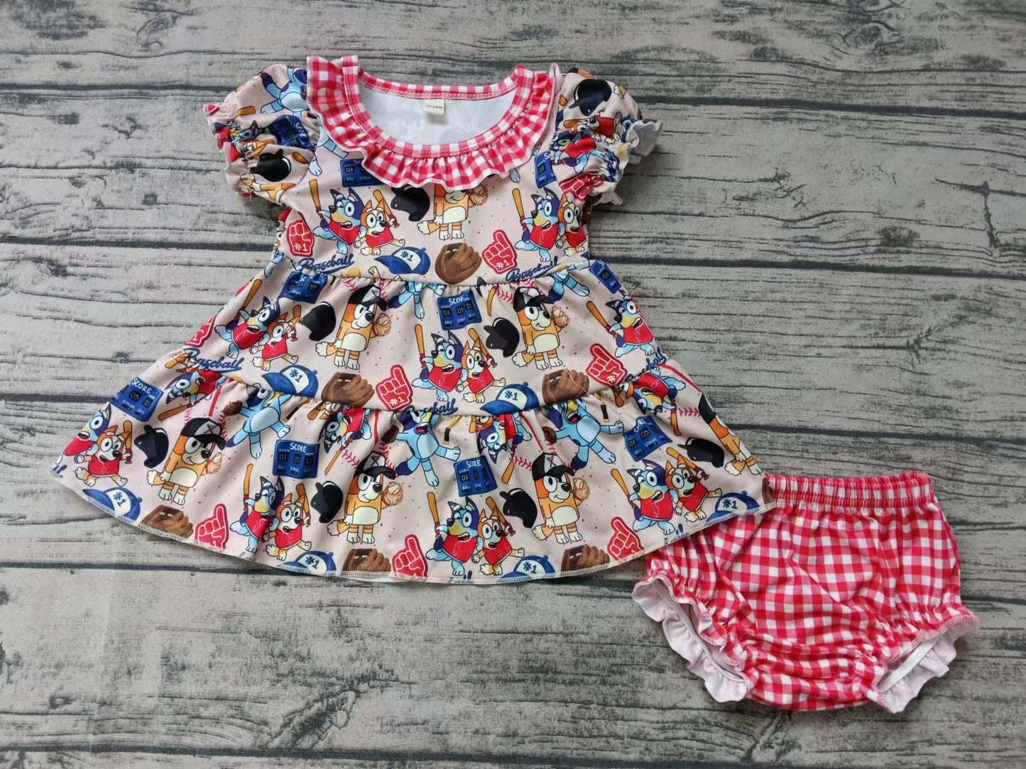 (Custom Design MOQ 5) Cartoon Dog Baseball Print Baby Girls Summer Bummie Set