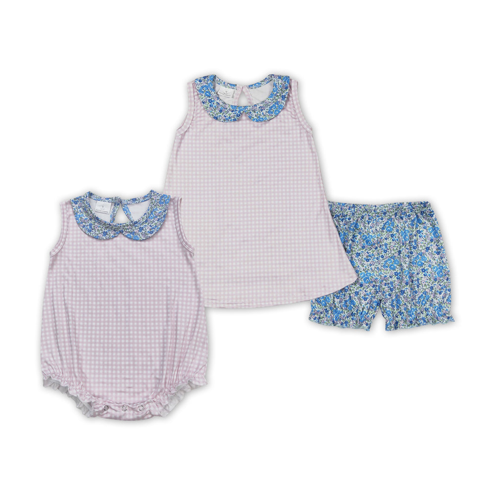 Pink Plaid Blue Flowers Print Sisters Summer Matching Clothes