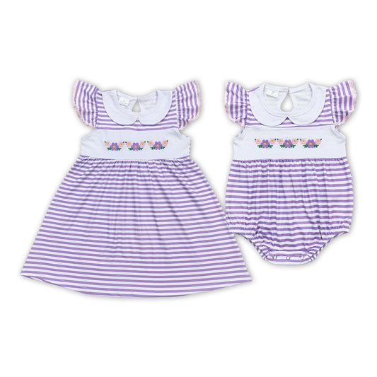 Flowers Embroidery Purple Stripes Print Sisters Summer Matching Clothes