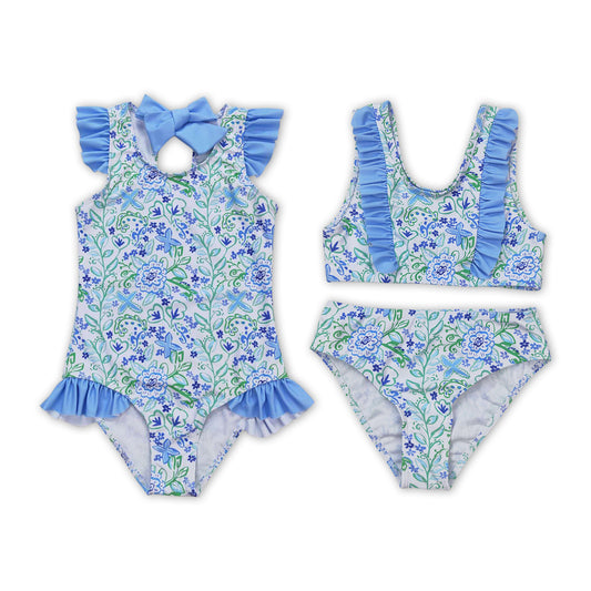 Blue Flowers Print Sister Summer Matching Swimsuits