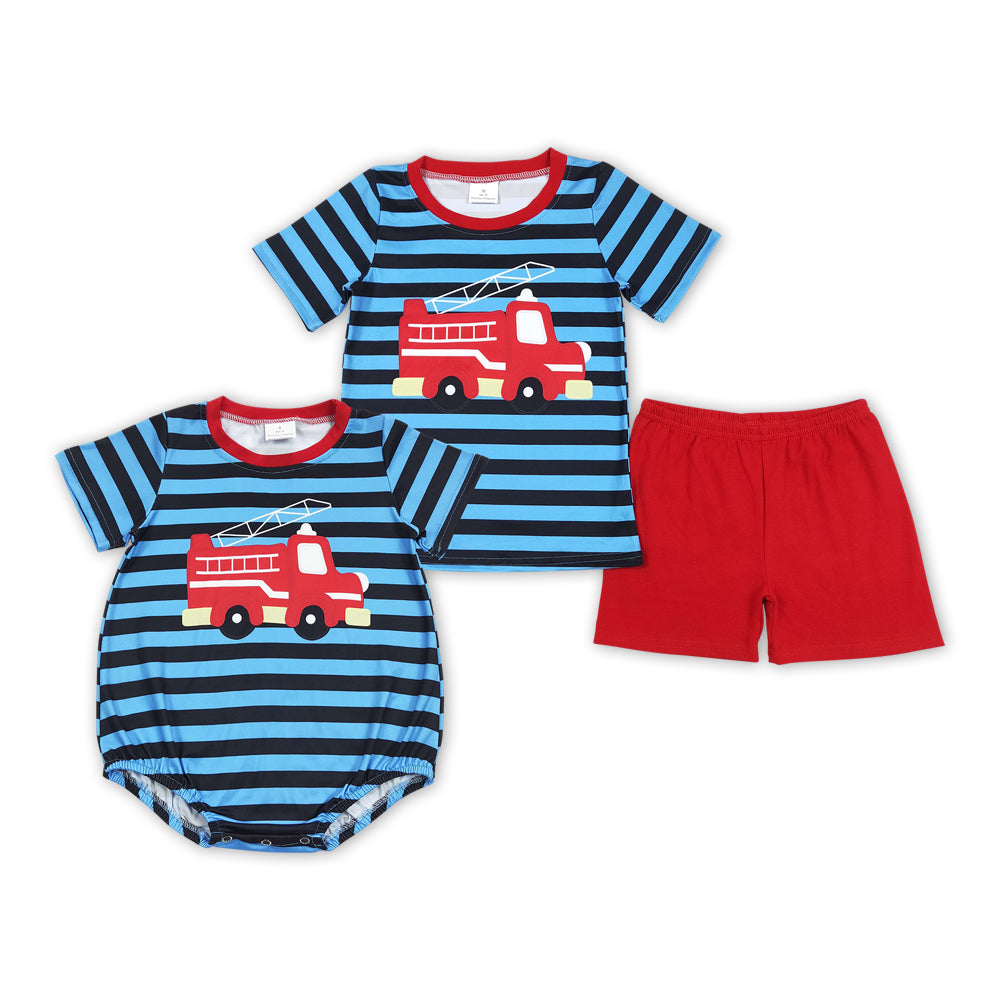 Fire Engine Blue Stripes Print Brothers Summer Matching Clothes