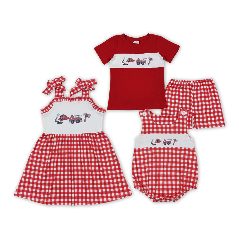 Fire Engine Red Plaid Print Sibling Summer Matching Clothes