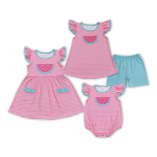 Watermelon Embroidery Pink Stripes Print Sisters Summer Matching Clothes