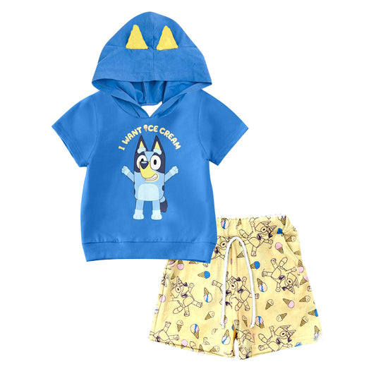 (Custom Design Preorder MOQ 5) Cartoon Dog Print Blue Hoodie Top Kids Summer Clothes Set