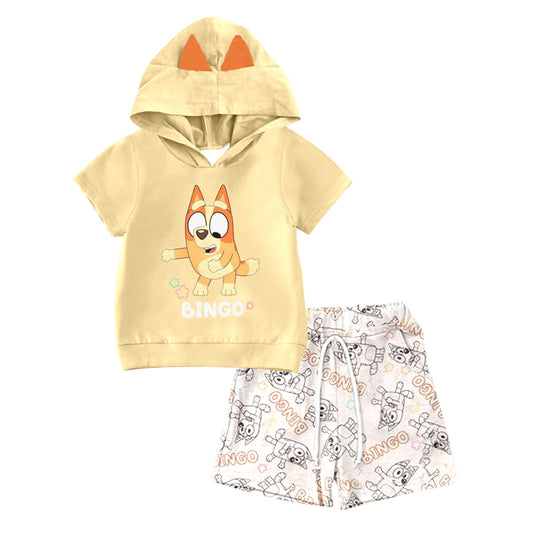 (Custom Design Preorder MOQ 5) Cartoon Dog Print Yellow Hoodie Top Kids Summer Clothes Set