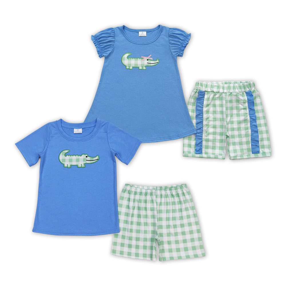 Crocodile Embroidery Blue Top Plaid Shorts Sibling Summer Matching Clothes