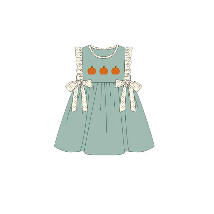 (Custom Design Preorder MOQ 5) Pumpkin Green Print Girls Knee Length Fall Dress