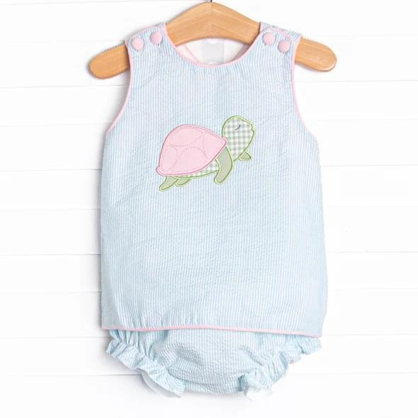 (Custom Design Preorder MOQ 5) Turtle Stripes Pint Baby Girls Summer Bummie Sets