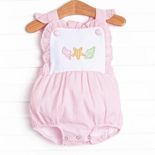 (Custom Design Preorder MOQ 5)  Starfish Print Baby Girls Summer Romper