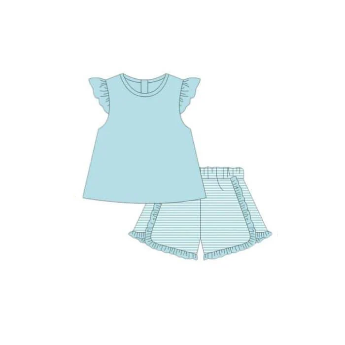 (Custom Design Preorder MOQ 5)  Blue Top Stripes Shorts Girls Summer Clothes Set