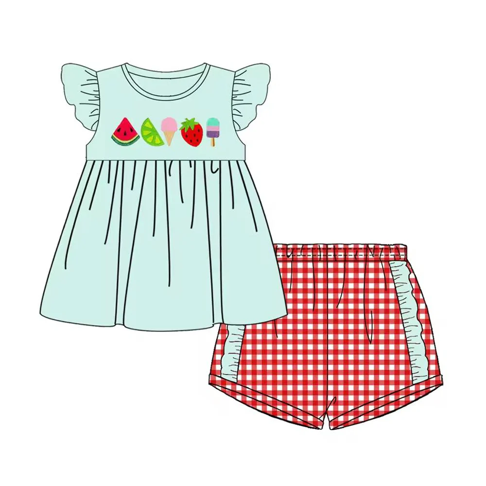 (Custom Design Preorder MOQ 5)  Watermelon Top Plaid Shorts Girls Summer Clothes Set