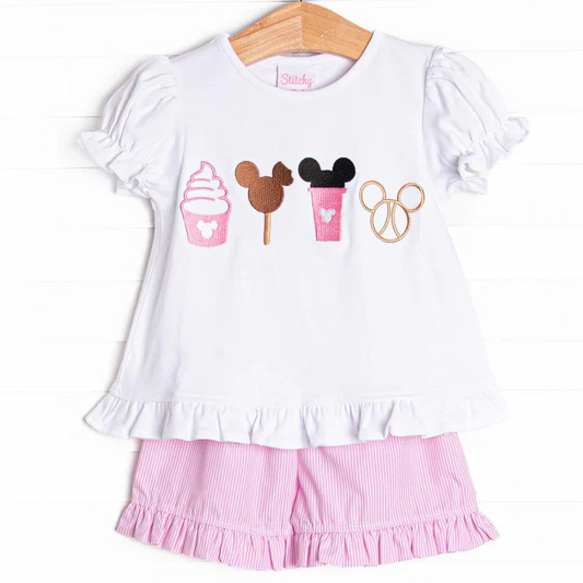 (Custom Design Preorder MOQ 5)  Popsicle Cartoon Mouse Top Stripes Shorts Girls Summer Clothes Set