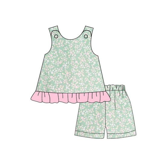 (Custom Design Preorder MOQ 5)  Green Flowers Print Girls Summer Clothes Set