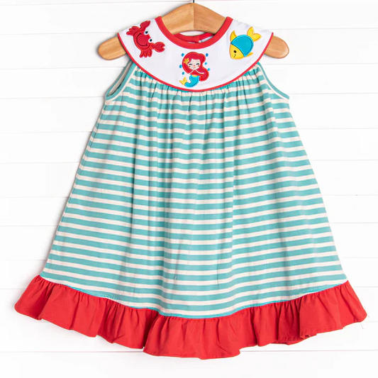 (Custom Design Preorder MOQ 5) Mermaid Crab Fish Green Stripes Print Girls Knee Length Dress