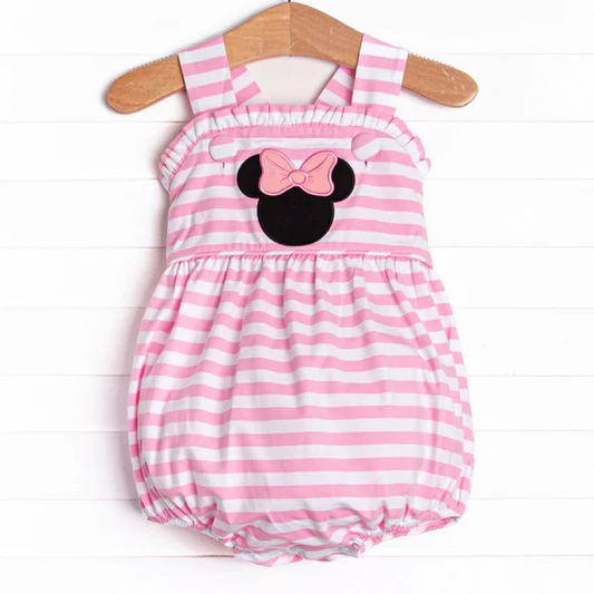 (Custom Design Preorder MOQ 5)  Cartoon Mouse Pink Stripes Print Baby Girls Summer Romper