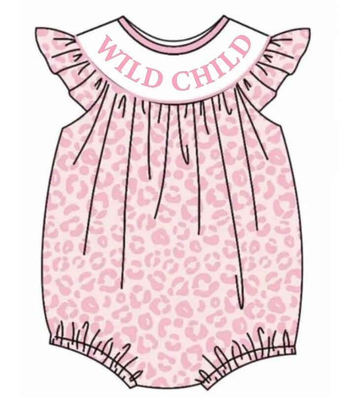 (Custom Design Preorder MOQ 5)  Pink Leopard WILD CHILD Print Baby Girls Summer Romper