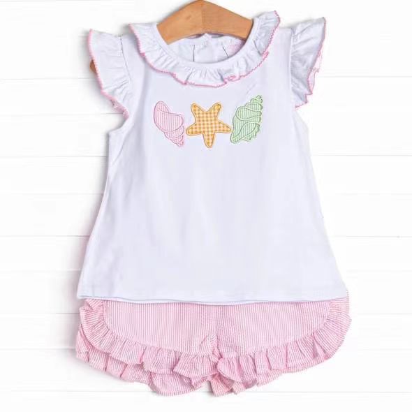 (Custom Design Preorder MOQ 5)  Starfish Top Ruffle Shorts Girls Summer Clothes Set