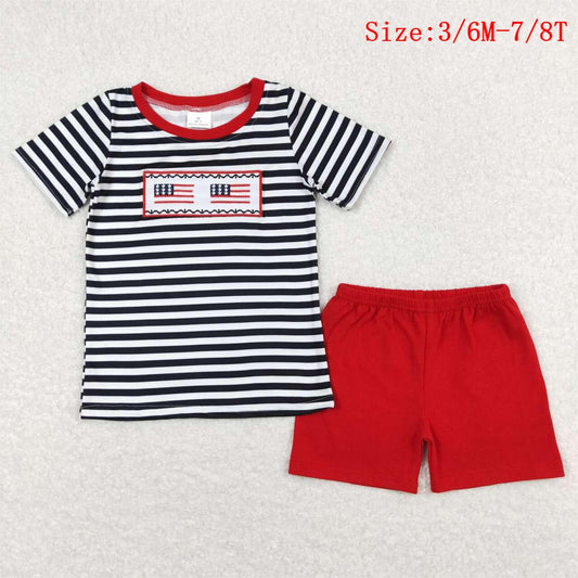 BSSO0565 Flags Embroidery Stripes Top Red Shorts Boys 4th of July Clothes Set