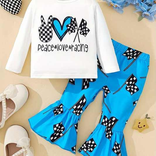 (Custom Design Preorder MOQ 5) Peace Love Racing Top Blue Flag Bell Pants Girls Fall Clothes Set