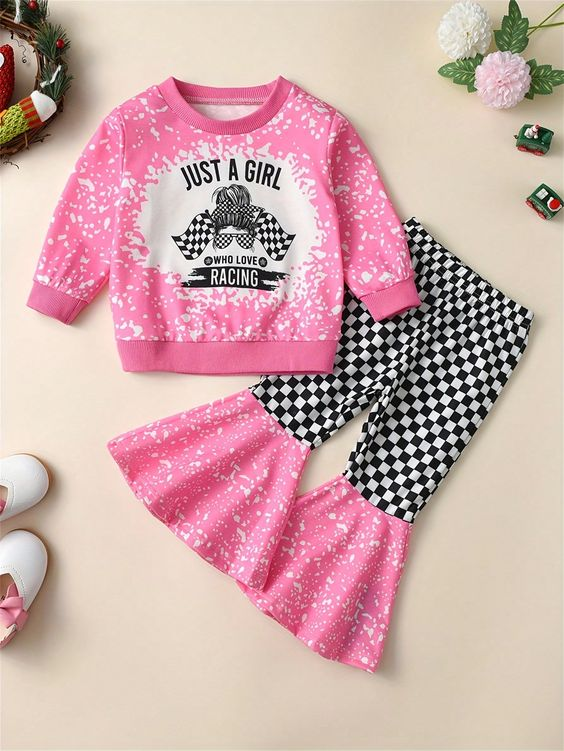 (Custom Design Preorder MOQ 5) Just A Girl Love Racing Top Plaid Bell Pants Girls Fall Clothes Set