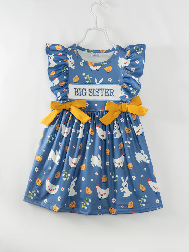 (Custom Design Preorder MOQ 5) Big Sister Animals Flowers Print Girls Knee Length Dress