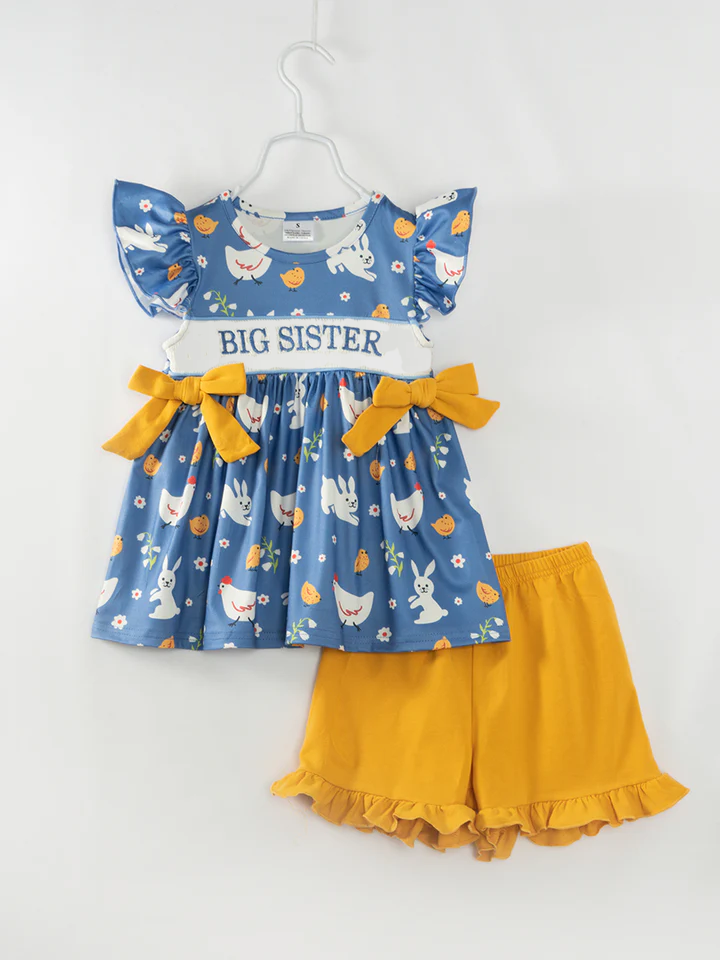 (Custom Design Preorder MOQ 5) Sister Animals Flowers Tunic Top Ruffle Shorts Girls Clothes Set