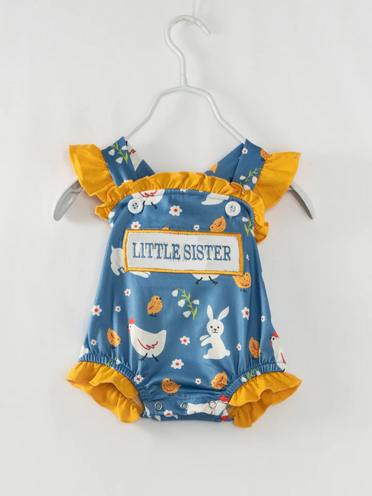 (Custom Design Preorder MOQ 5) Little Sister Animals Flowers Print Baby Girls Summer Romper