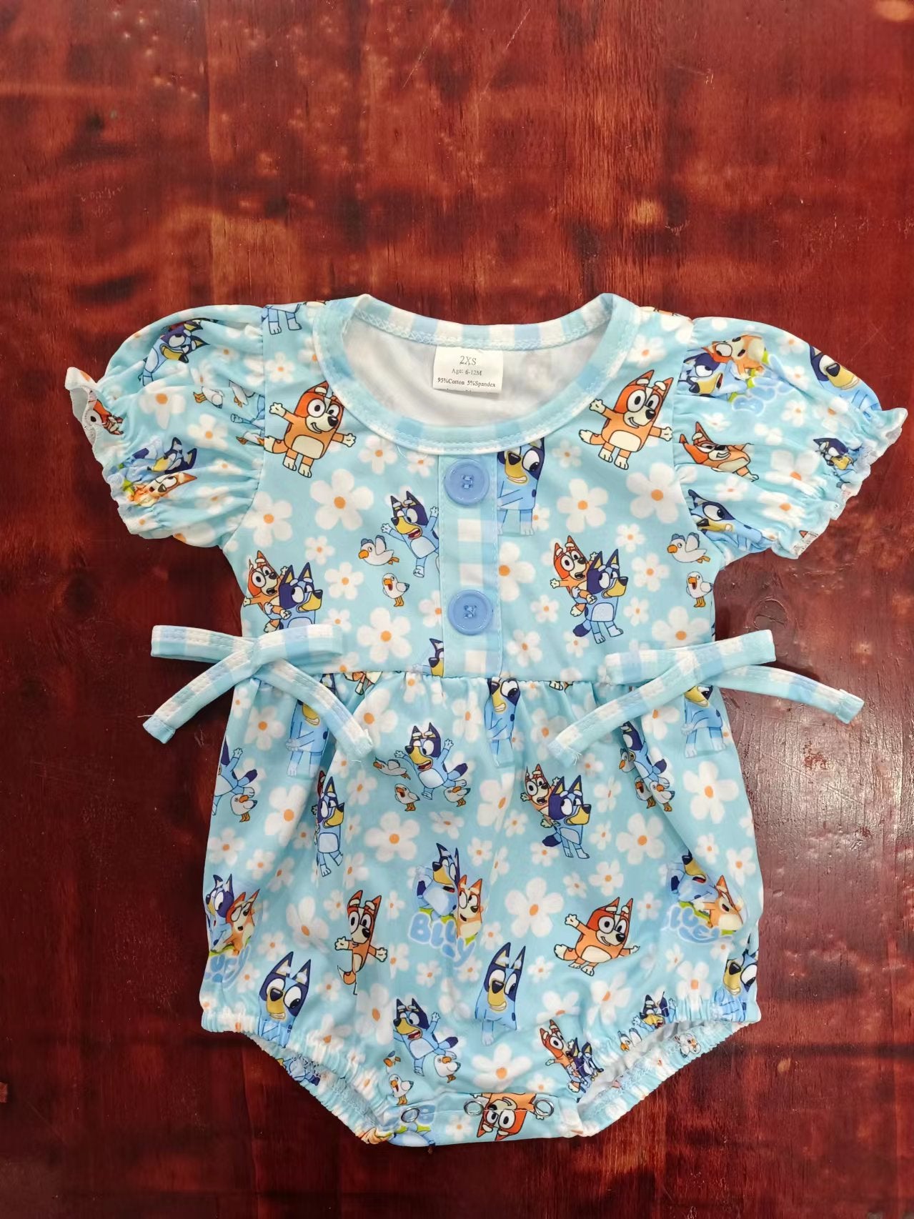 (Custom Design Preorder MOQ 5)  Blue Cartoon Dog Flowers Print Baby Girls Summer Romper