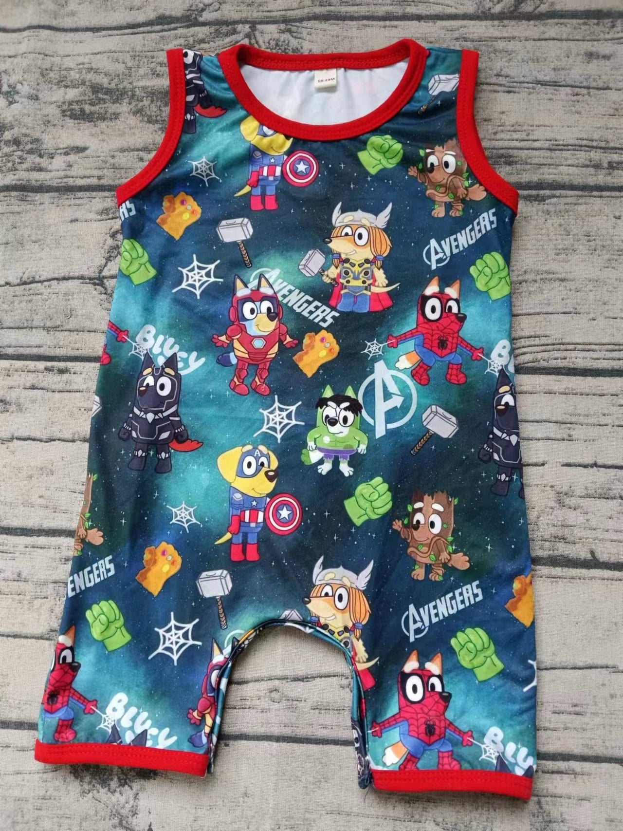 (Custom Design Preorder MOQ 5)  Cartoon Dog Hero Print Baby Boys Summer Romper