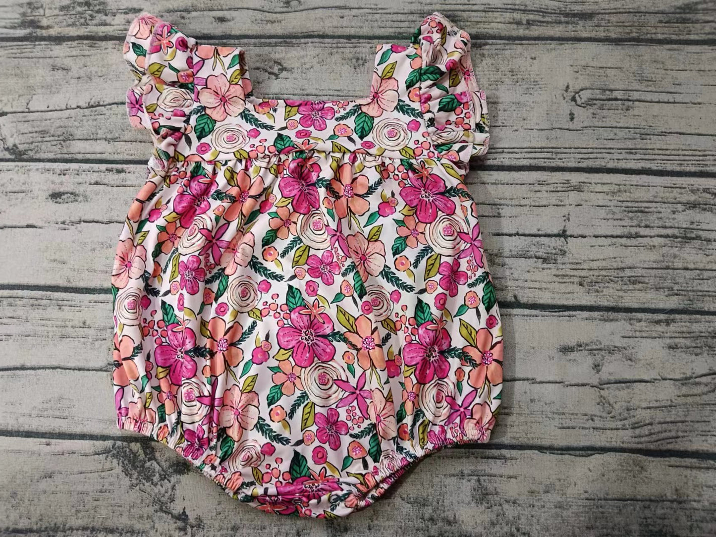 (Custom Design Preorder MOQ 5) Hotpink Flowers Print Baby Girls Summer Romper